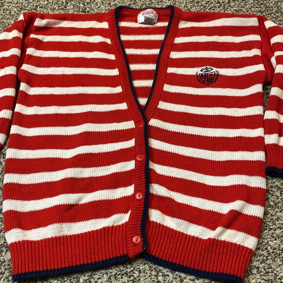 Vintage Studio HQ knit Cardigan with Red & White Stripes Navy Blue Trim - Picture 7 of 10